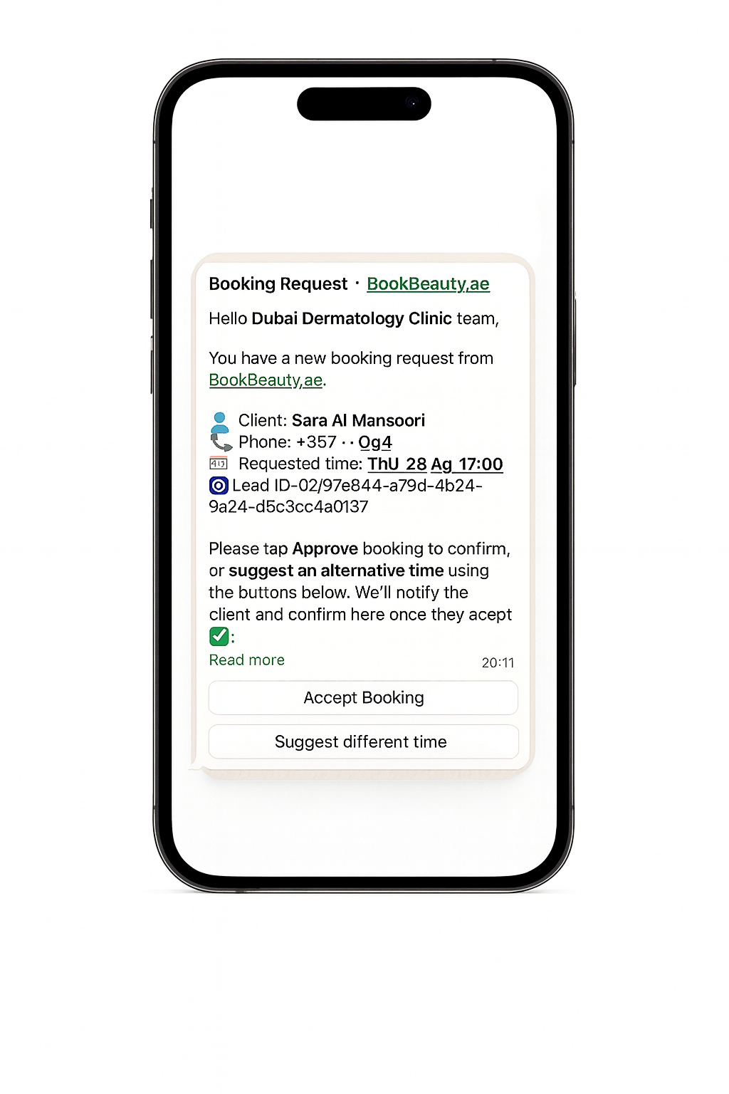 iPhone 16 mockup with WhatsApp booking preview